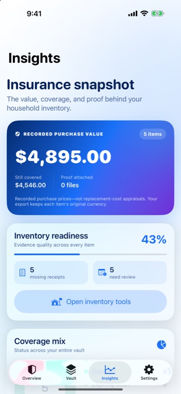 OwnKeep Insights screen showing an insurance snapshot with recorded purchase value, coverage, and an inventory readiness score of 43%