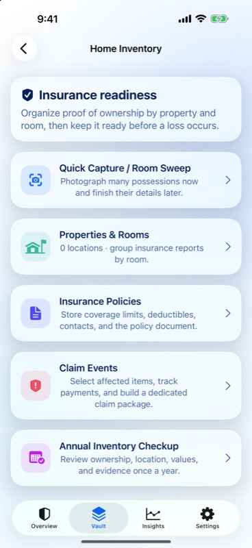 OwnKeep Home Inventory hub listing Quick Capture, Properties and Rooms, Insurance Policies, Claim Events, and the Annual Inventory Checkup