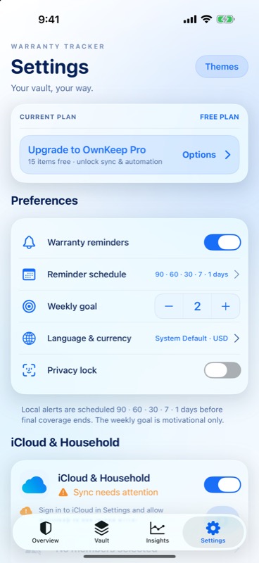 OwnKeep Settings screen showing plan, warranty reminders, weekly goal, and iCloud and household sync controls