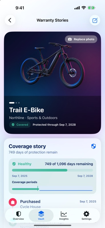 OwnKeep Warranty Stories screen showing a covered item with a coverage timeline and days remaining